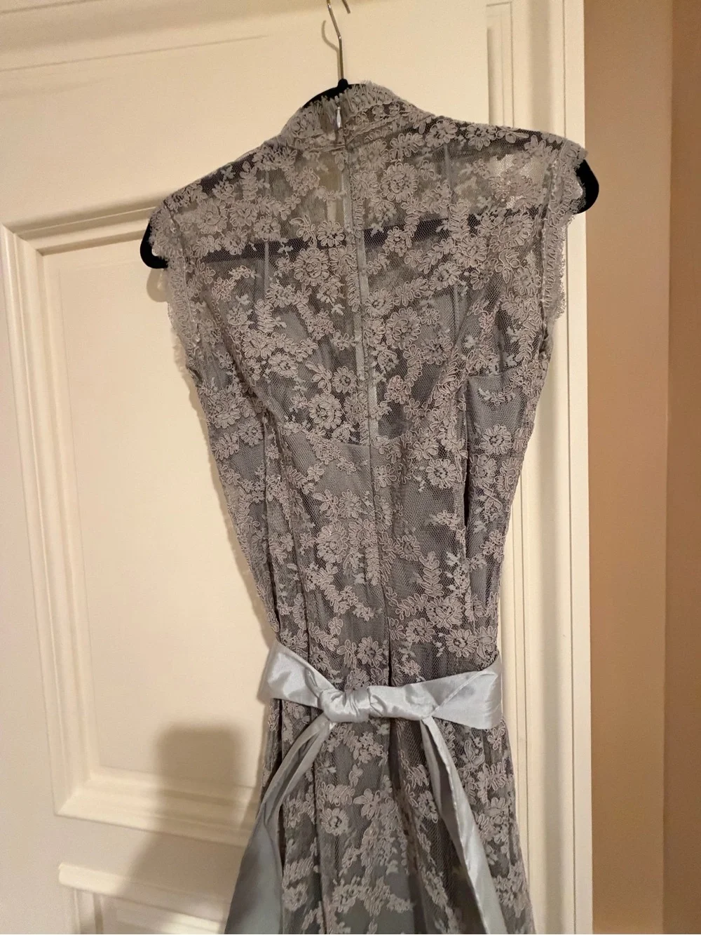 Elegant Gray Lace Evening Dress with Satin Sash